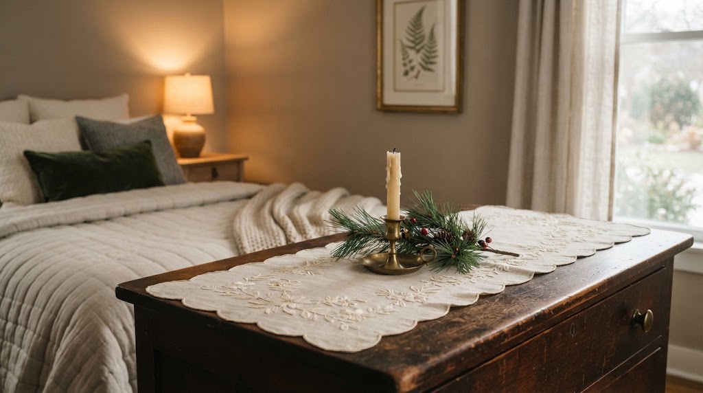 Vintage embroidered runner on a dark wood dresser with candle and pine.