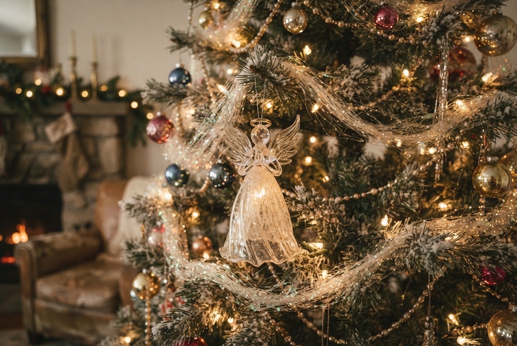 Spun glass angel hair and a delicate glass angel ornament.