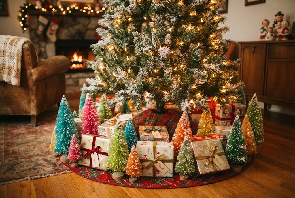 Bottle brush trees and wrapped presents.