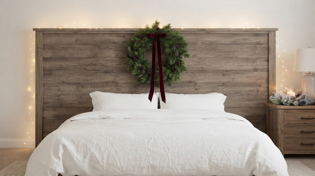 A rustic wooden headboard adorned with a festive holiday wreath.