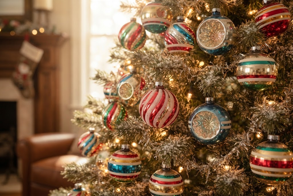 Colorful vintage Shiny Brite glass ornaments glow in the morning light.