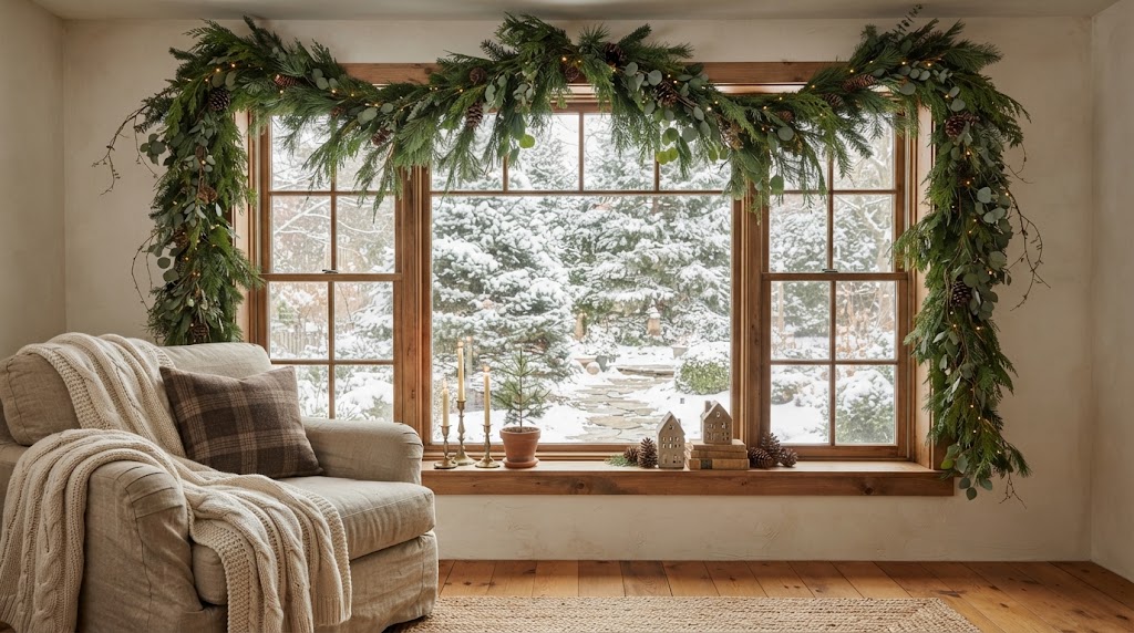 Cozy window draped with fresh winter greenery and natural light.