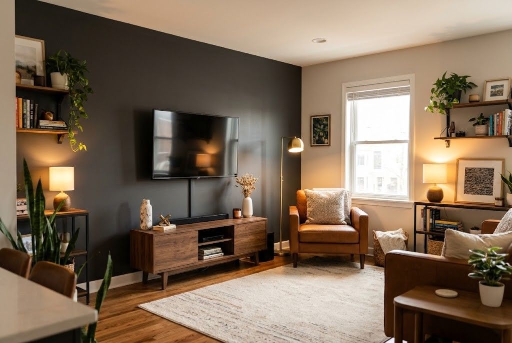 A black TV mounted on a dark charcoal accent wall in a cozy room with a cognac leather chair