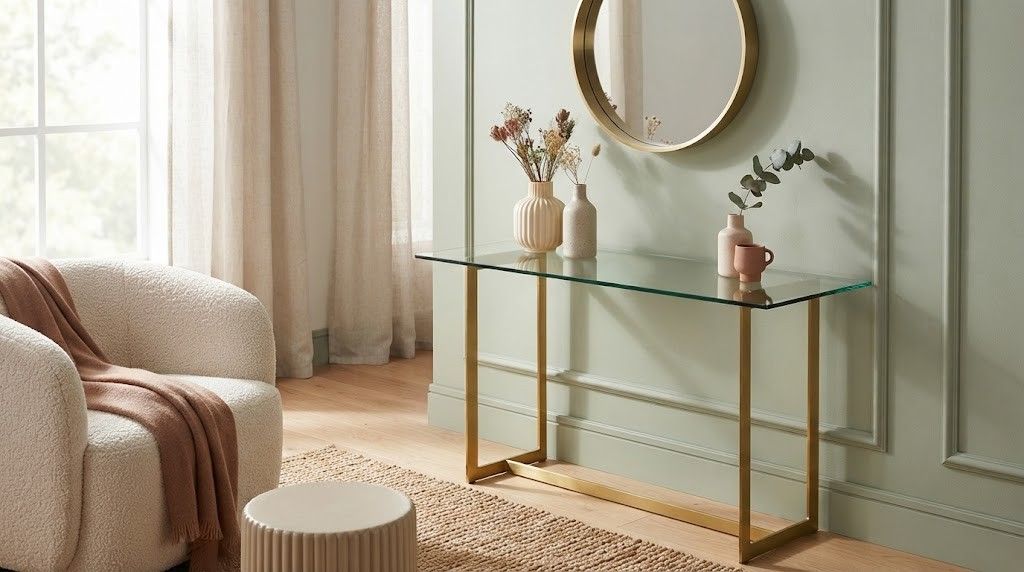 Glass-top console table against a soft sage wall.