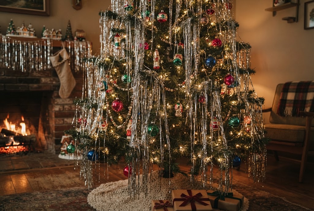 Heavy cascading silver tinsel strands create a vintage winter wonderland.