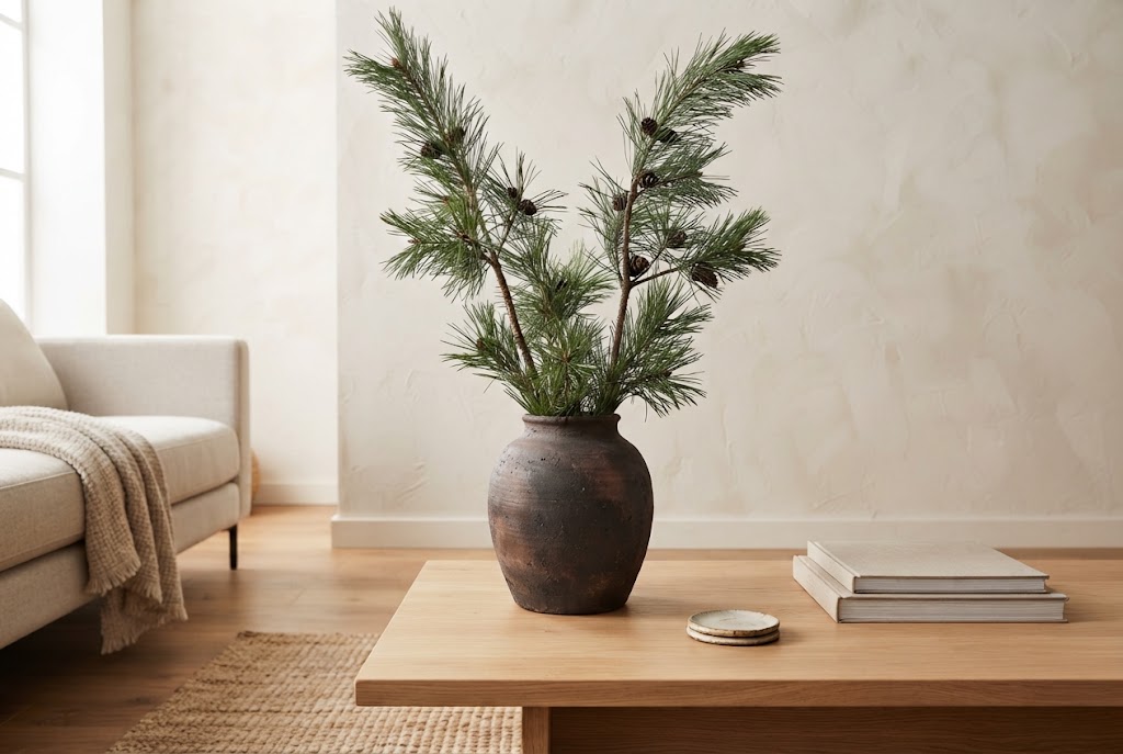 Sculptural pine branches in a rustic ceramic vase.