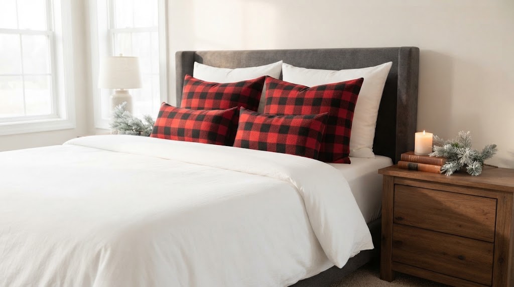 Buffalo check pillows on a crisp white bed.