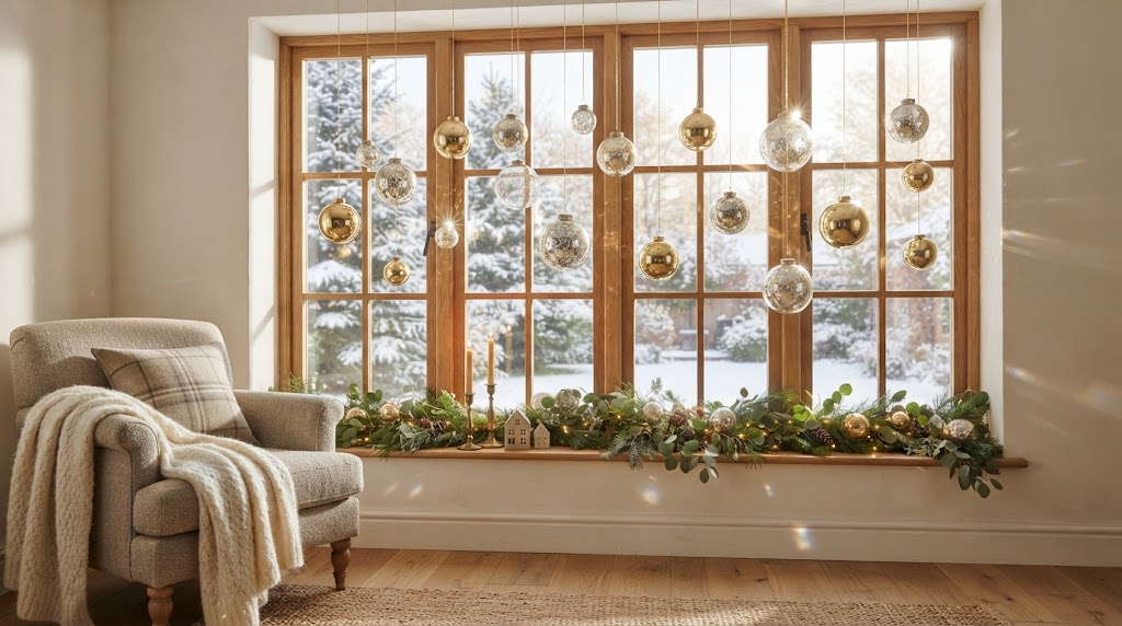 Glistening ornaments and garland adorn a cozy, sunlit winter window.
