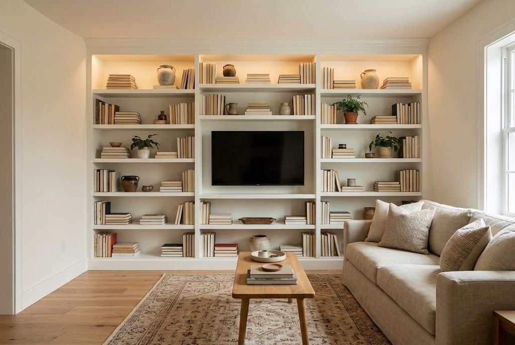 A centered flat-screen TV framed by custom built-in white bookshelves in a cozy small living room