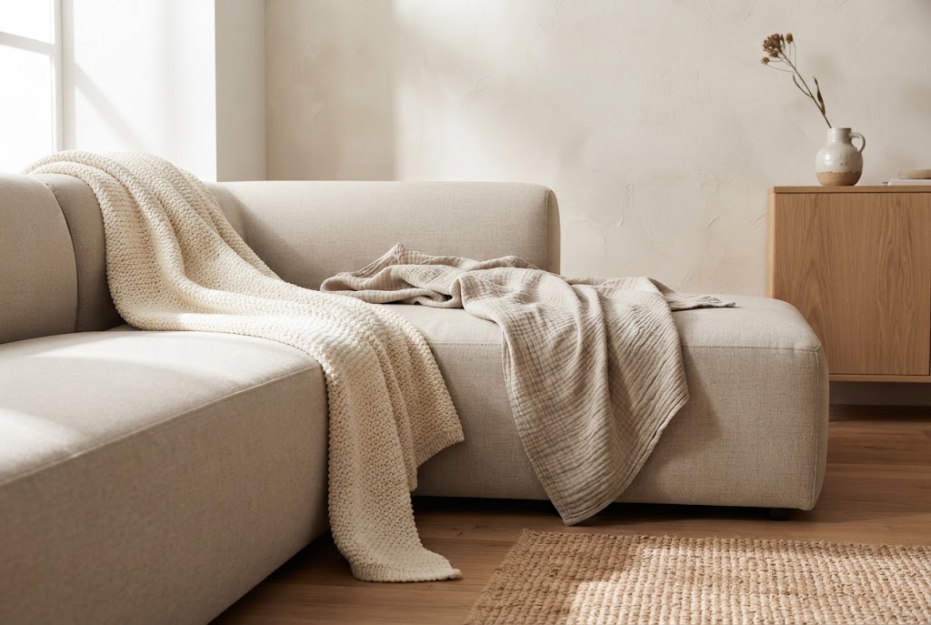 Cozie neutral linen throw blankets draped over a modern sofa.
