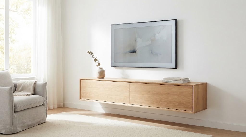 Light oak floating media console with a flat-screen TV above.
