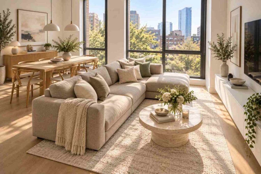 Sunlit Scandinavian Living and Dining Room