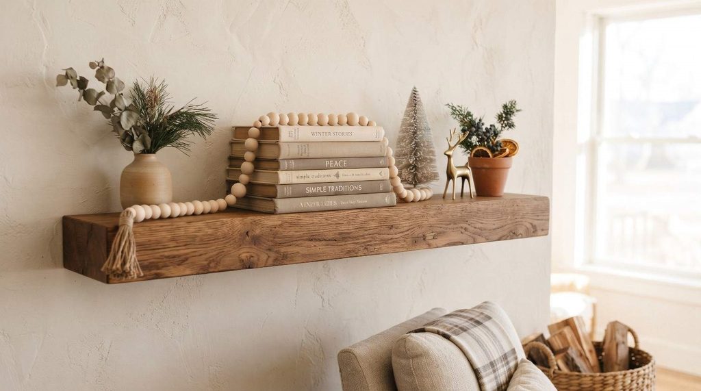 Vintage cream earthenware pitcher filled with winterberry branches and eucalyptus on a living room shelf.