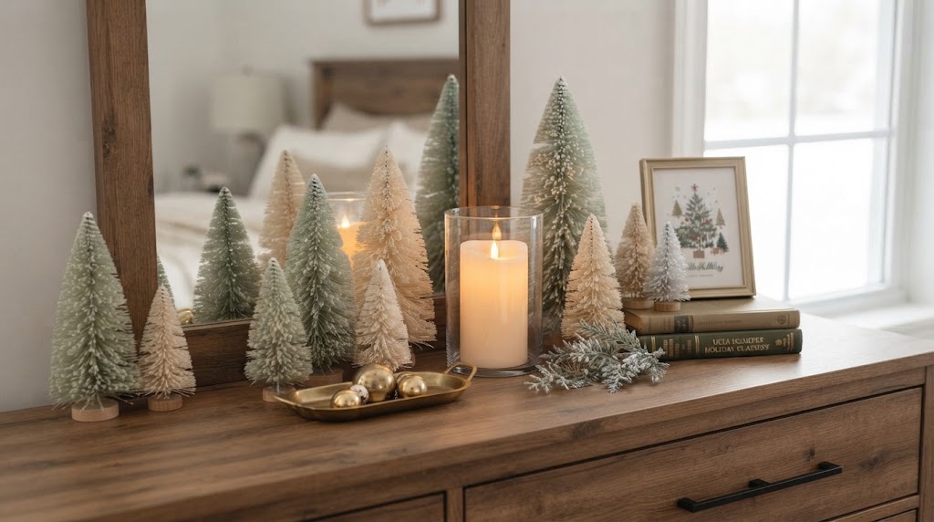 Bottle brush trees styled on a wooden dresser.