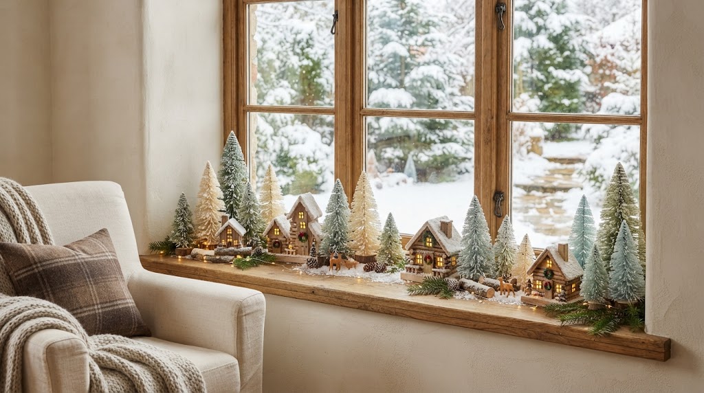Charming miniature village decorates a cozy window sill.