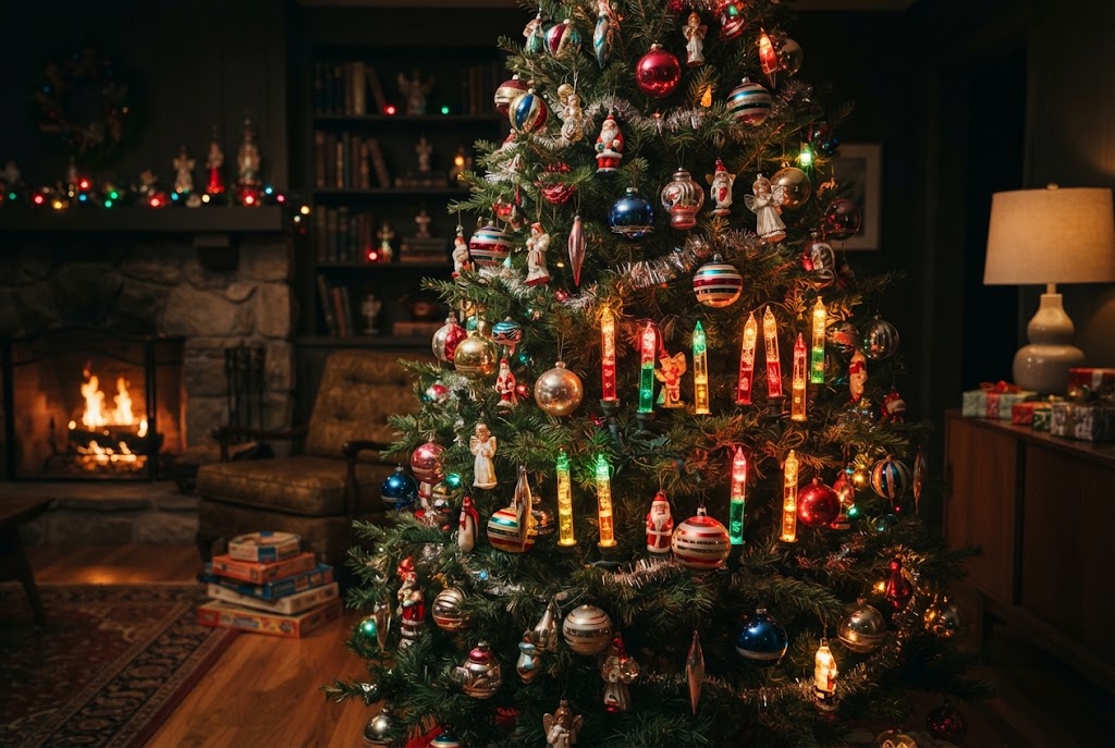 Retro multi-colored bubbling lights cast a warm, magical holiday glow.