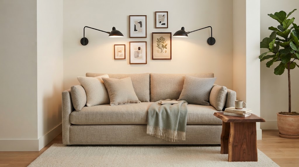 Save surface space with matte black swing-arm sconces for cozy, focused reading light