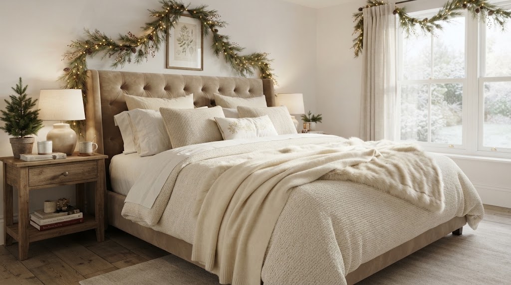 Stylish luxury bedroom featuring a cozy cashmere and faux fur throw.