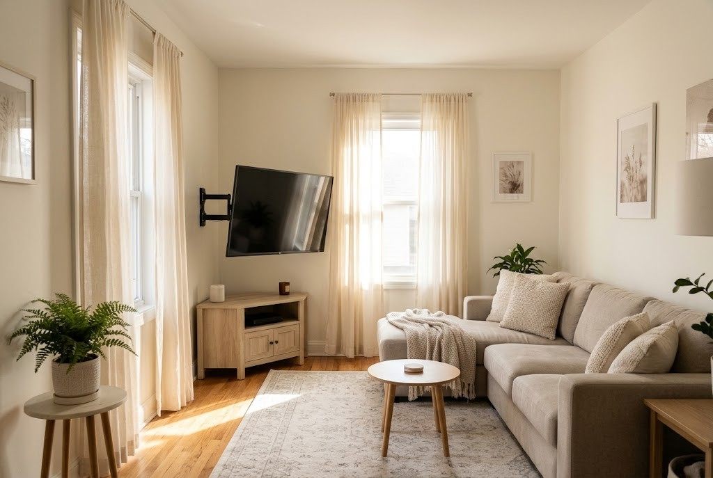 A television mounted on an angled arm in a cozy corner facing a plush sectional sofa in a sunlit small living room.