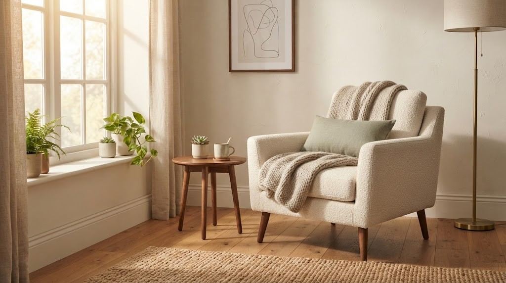 Cozy living room corner with a boucle armchair and warm sunlight