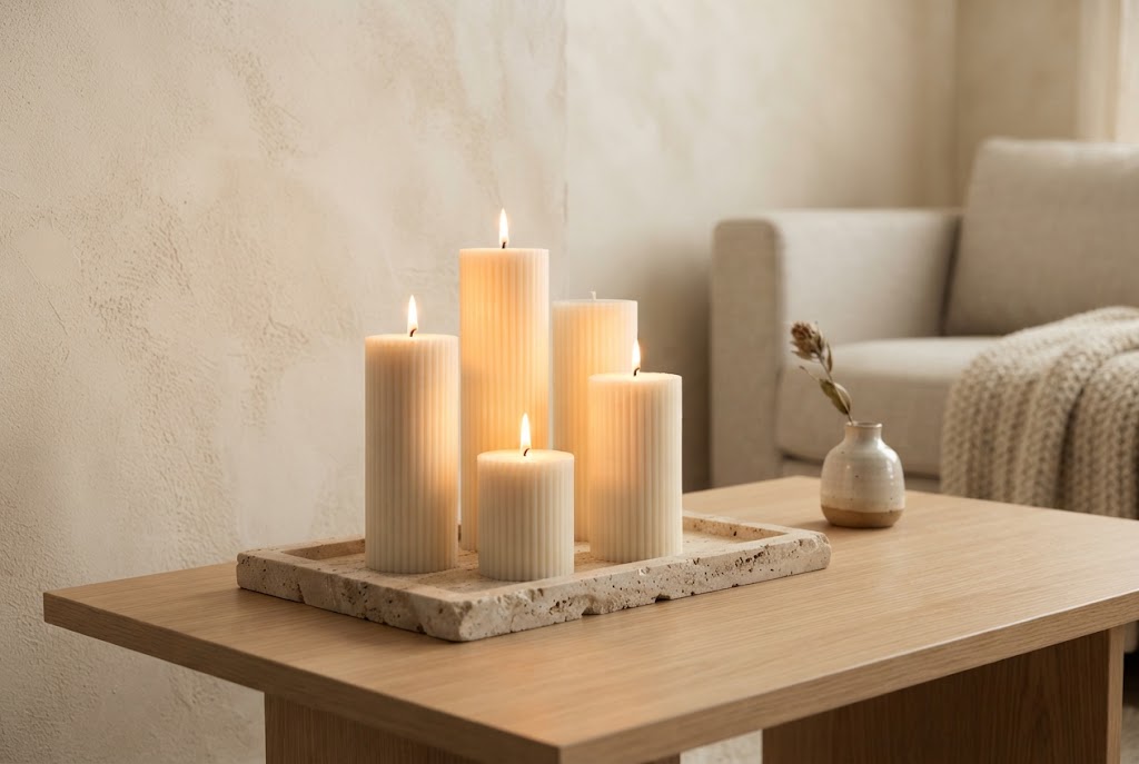 Warm, glowing fluted pillar candles resting on a natural stone tray.