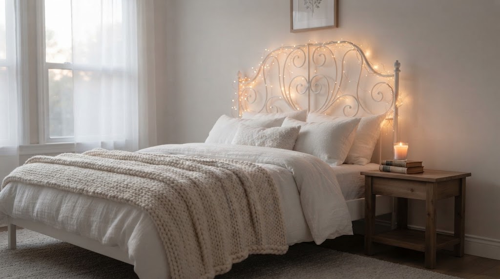 Cozy white bedroom lit by twinkling fairy lights.