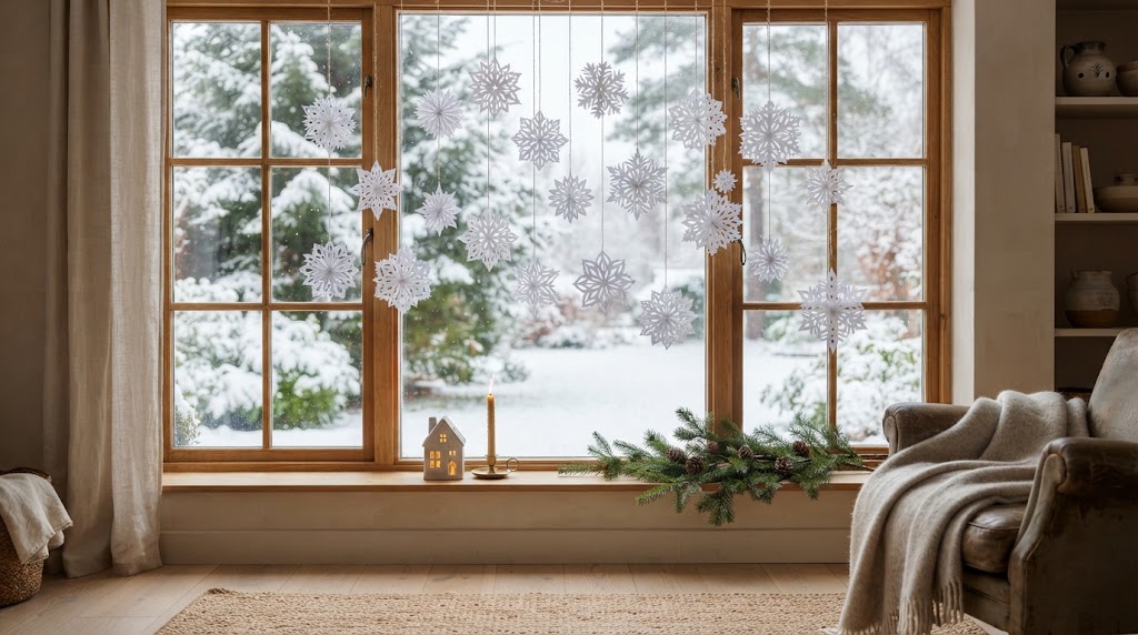 Delicate paper snowflakes hanging in a serene, snow-covered window.