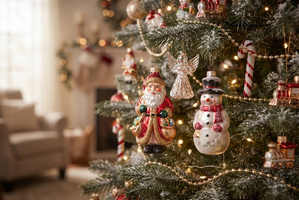 Detailed hand-blown glass Santas and snowmen add whimsical holiday charm.