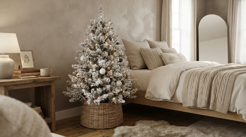 Flocked mini Christmas tree in a cozy neutral bedroom corner.