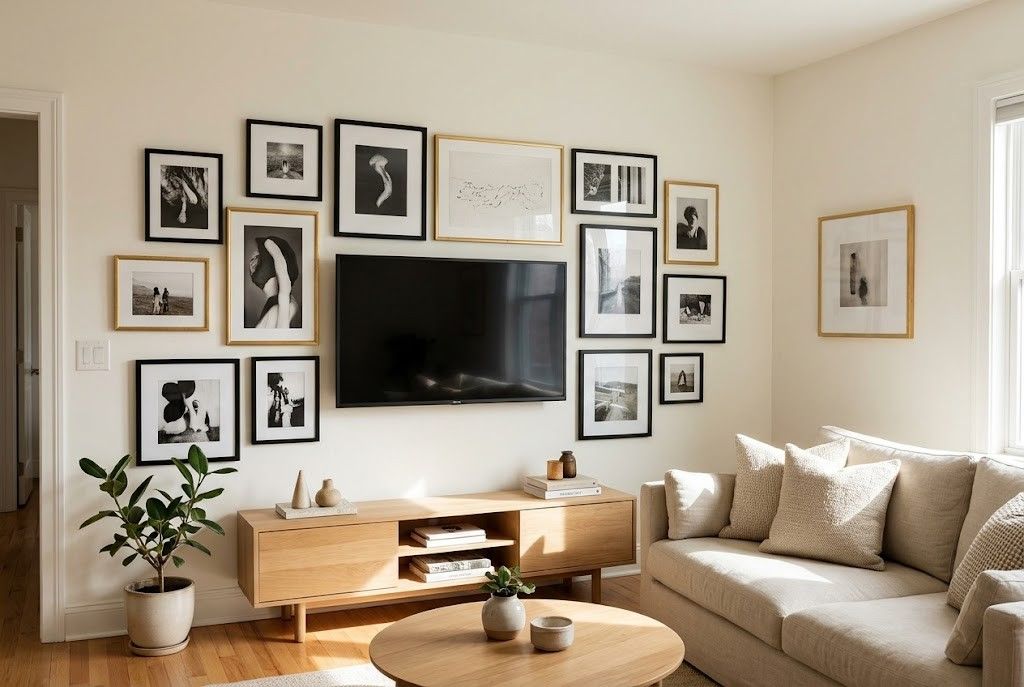 A wall-mounted TV seamlessly integrated into an art gallery wall with black and gold framed prints in a cozy living room-