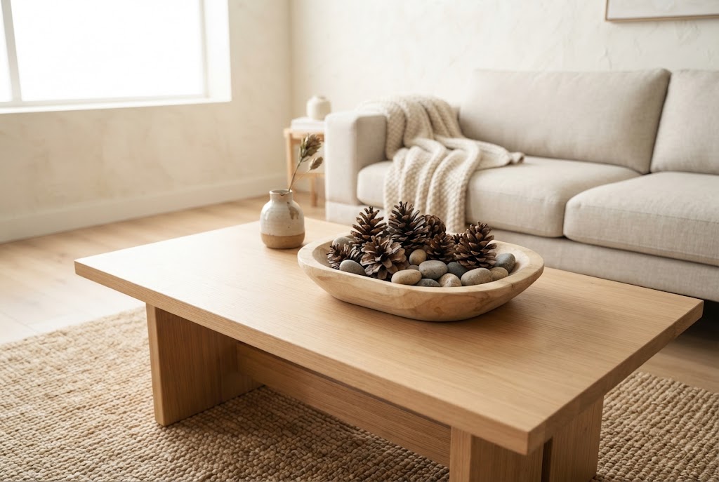Pinecones and river stones in a wooden bowl.