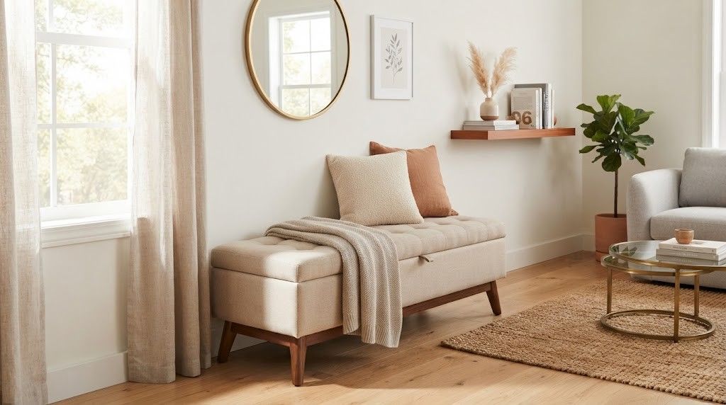 Tufted beige fabric storage ottoman bench with textured throw pillows