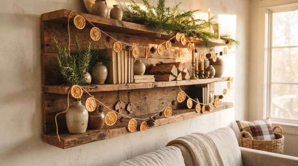 Subtle muted plaid ribbon tied in a neat bow on a rustic shelf bracket with evergreen sprigs.