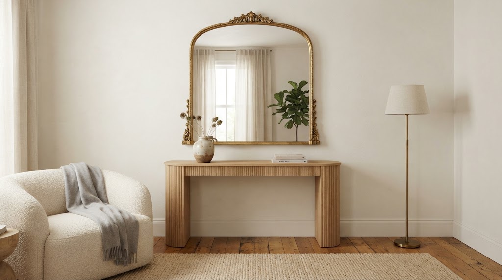 Visually expand your small living room with a large, ornate arched mirror that reflects light and adds instant elegance