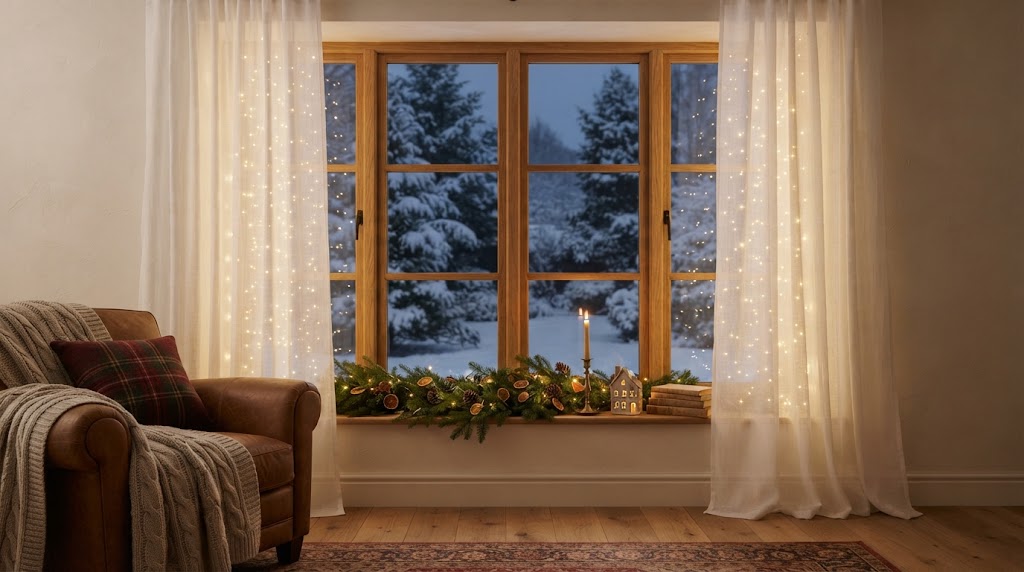 Warm fairy lights glow softly behind sheer curtains on a snowy evening.