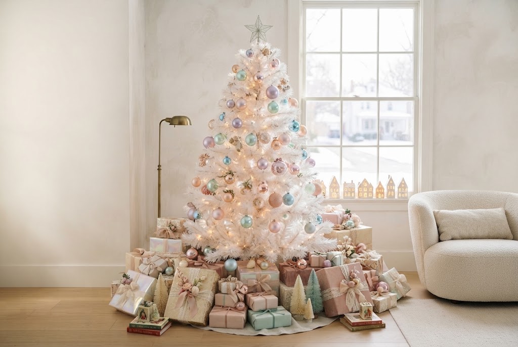White feather Christmas tree adorned with pastel pink and mint baubles.