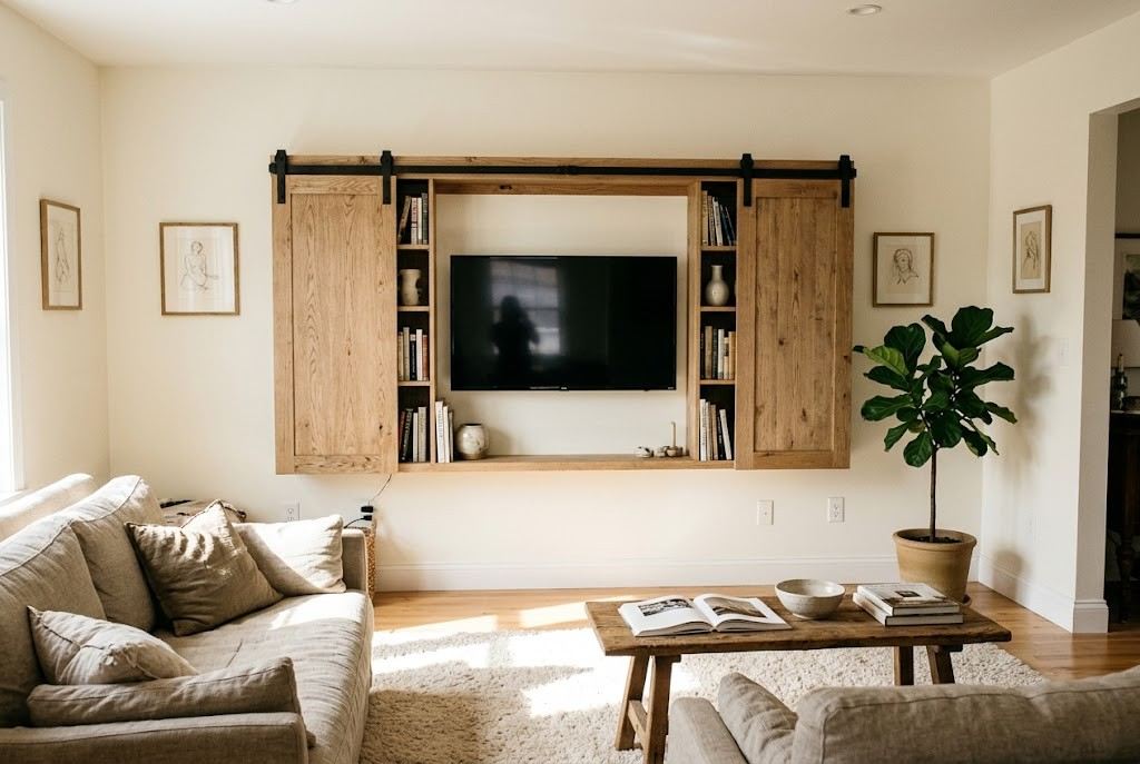 A rustic wall cabinet with sliding barn doors parted to reveal a TV inside styled with a fiddle leaf fig plant.