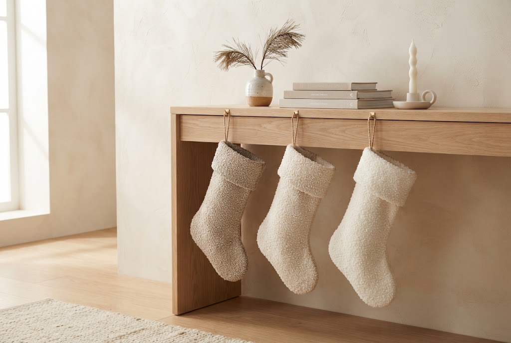Boucle Christmas stockings on a light wood console.