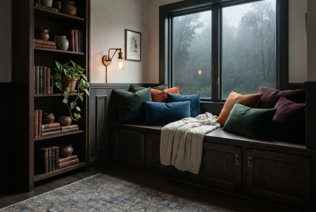 Built-In Dark Velvet Window Seat