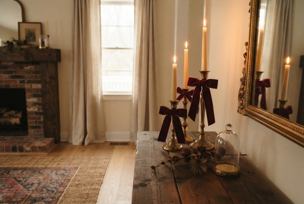 Burgundy Velvet Bows on Candlesticks