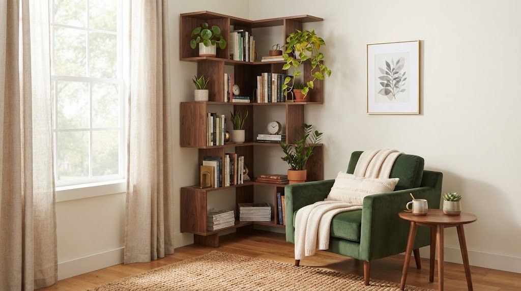  Geometric wooden corner bookshelf filled with books and plants.