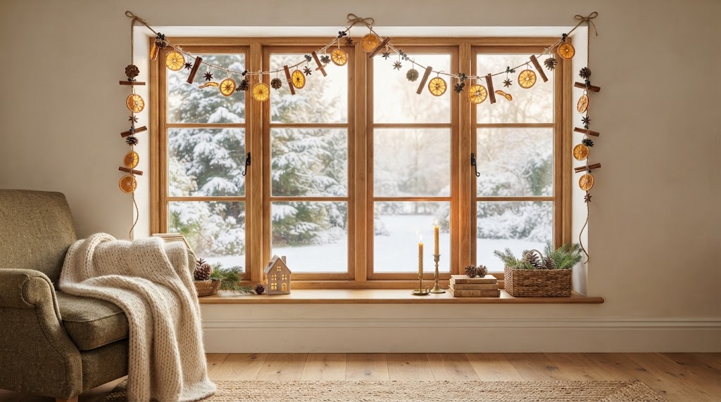 Rustic dried orange and cinnamon garland accents a snowy window.