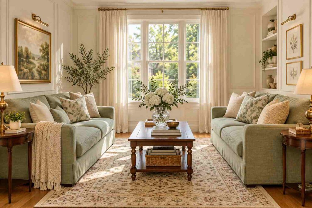Symmetrical Sage Green Living Room