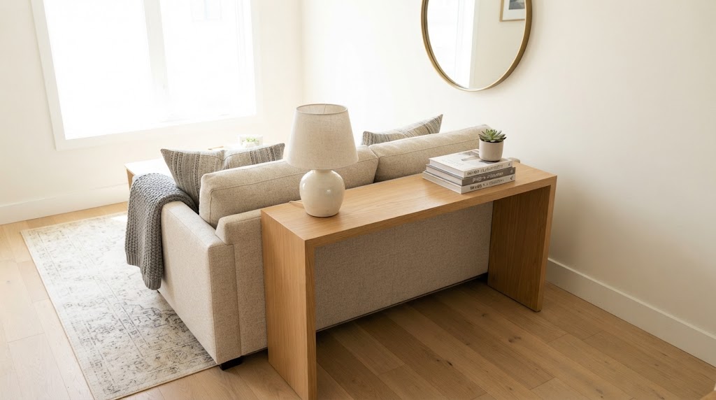 Add a narrow console table behind your sofa.
