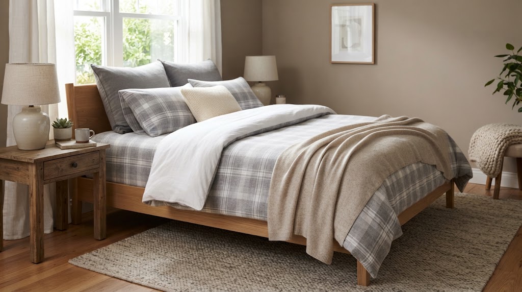 Cozy bedroom featuring a plaid flannel bed and warm cashmere throw.