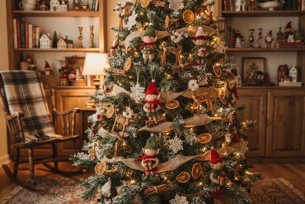 Handmade felt elves and pipe cleaner deer add cozy craft-core charm.