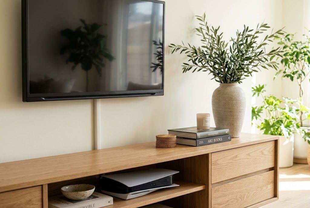 A long wooden media console with an off-center wall-mounted TV balanced by a tall ceramic vase with olive branches and stacked art books.