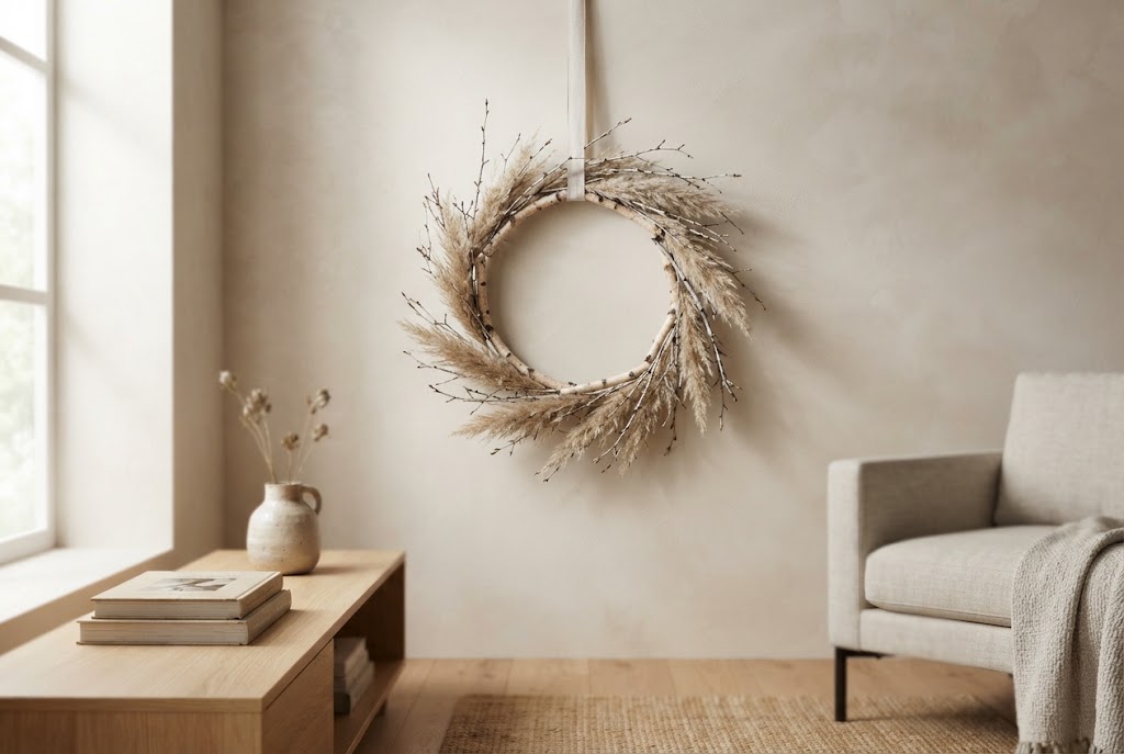 Birch twig and dried grass wreath on a neutral wall.