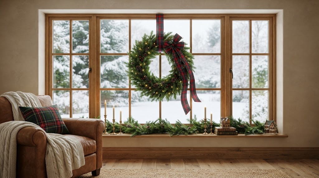 raditional evergreen wreath hangs gracefully with tartan plaid ribbon.