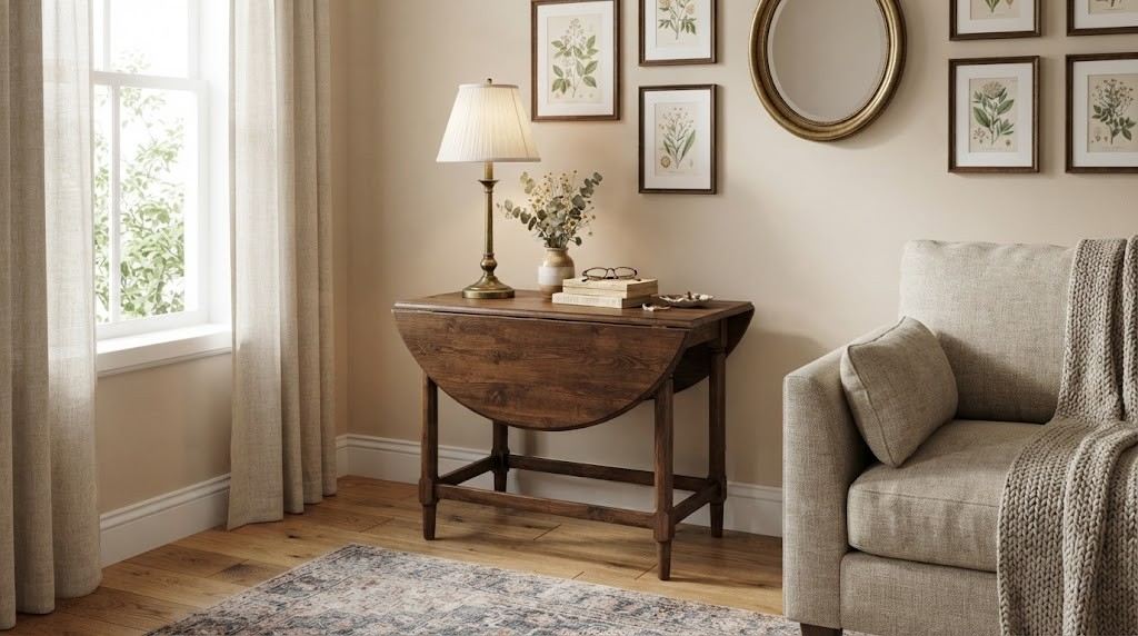 Vintage-inspired wooden drop-leaf accent table with an elegant brass lamp.